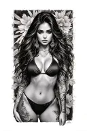 Sexy girl, petite, small boobs, wide hips, bikini . long hair,sexual. Seductive. Full Body, standing with legs and feet tattoo design idea