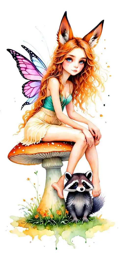 beautiful fairy girl with fox ears and butterfly wings sitting on a giant toadstool next to a cauldron with a raccoon tattoo design idea