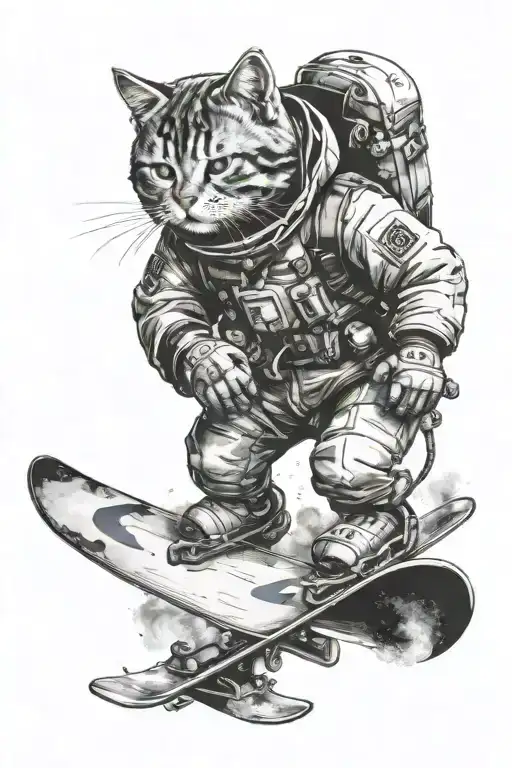 cat snowboarding in space tattoo design idea
