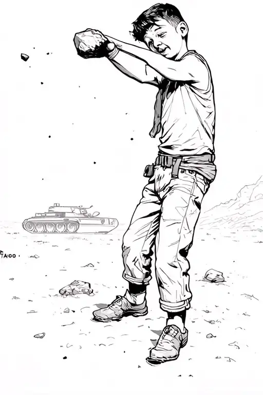 Palestinian boy throwing a rock at tank tattoo design idea