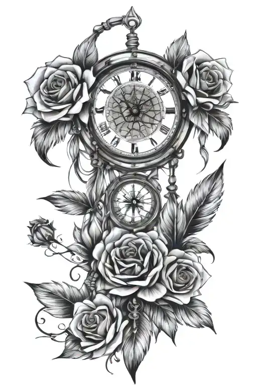 dream catcher with a partial clock face showing 7:36 and roses with the feathers tattoo design idea