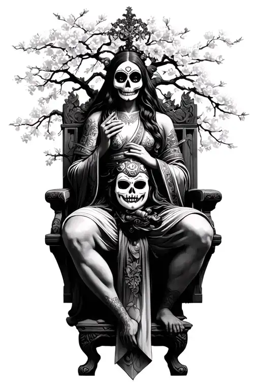 Santa Muerte , holding a oni mask , sitting on a throne, with cherry blossom tree , shogun warrior kneeling  tattoo design idea