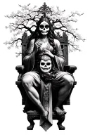 Santa Muerte , holding a oni mask , sitting on a throne, with cherry blossom tree , shogun warrior kneeling  tattoo design idea