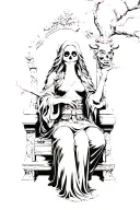 Santa Muerte , holding a oni mask , sitting on a throne, with cherry blossom tree , shogun warrior kneeling  tattoo design idea