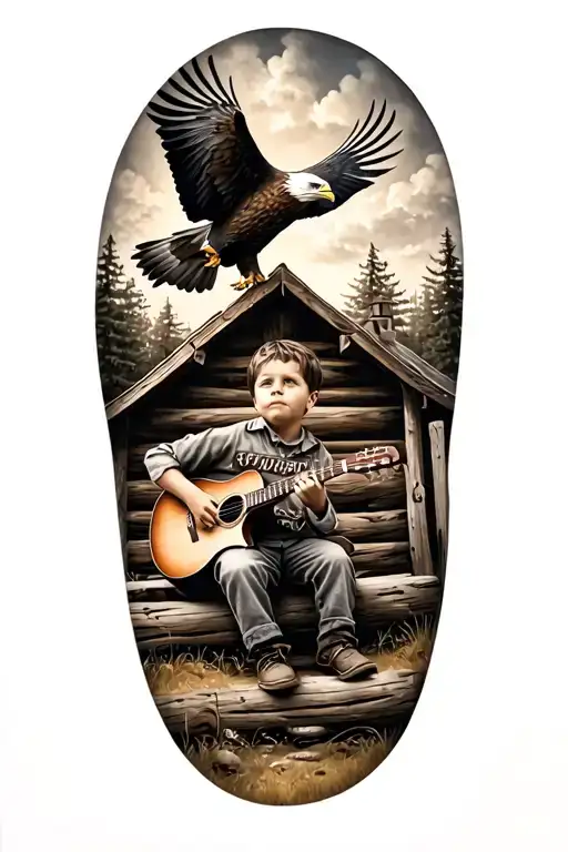 little boy holding guitar sitting on a log cabin porch with a bald eagle flying in the sky  tattoo design idea