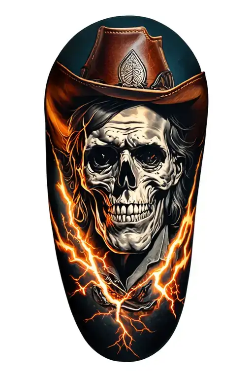 a half sleeve tattoo of western leather tooling, old tattered playing cards, lightning bolts, multi tattoo design idea