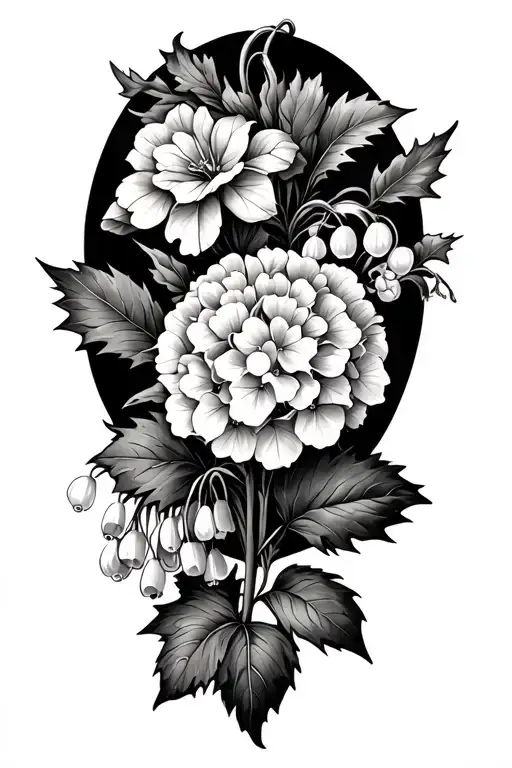 hydrangea, marigold, lily of the valley, daffodil, holly, and ash leaves tattoo design idea