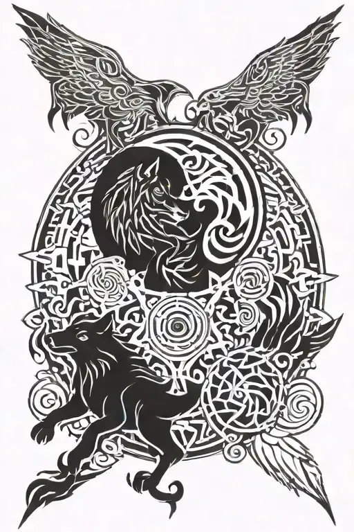 An abstract representation of the cycle of life in nature, incorporating wolves and griffins tattoo design idea