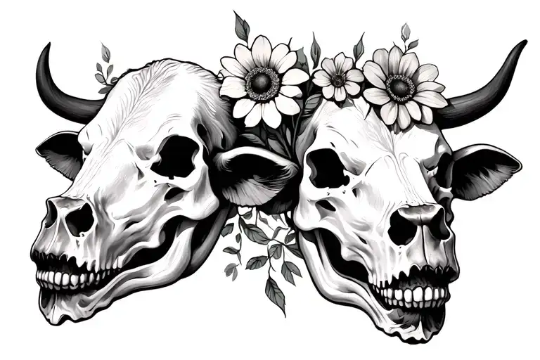 throat cows skull with flowers growing tattoo design idea