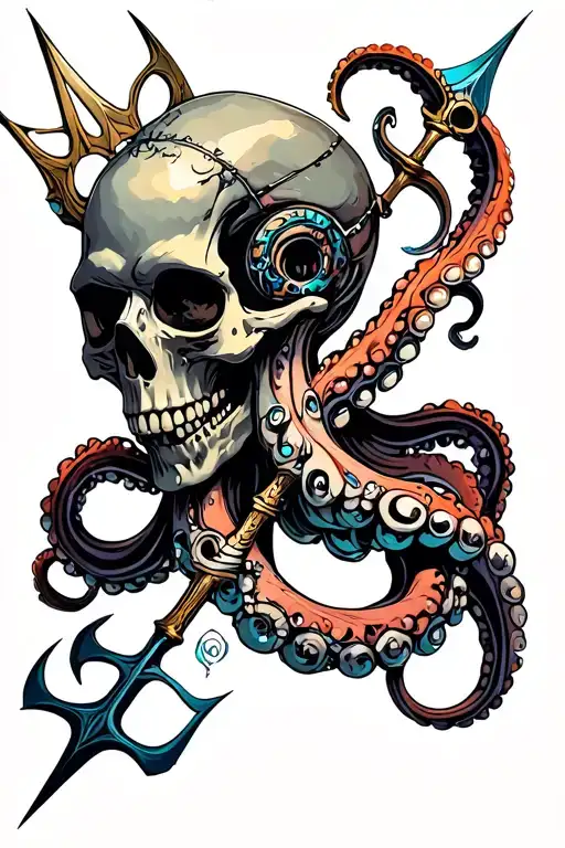 bio mechanical skull and octopus tentacles wrapped around a trident tattoo design idea
