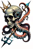 bio mechanical skull and octopus tentacles wrapped around a trident tattoo design idea