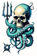 bio mechanical skull and octopus tentacles wrapped around a trident tattoo design idea