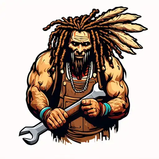 "Indigenous Plumbing " dreadlock Native American plumber holding a wrench tattoo design idea