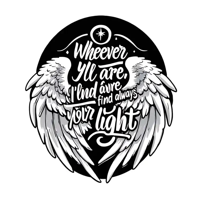 "wherever you are , I'll always find your light " quote with angel wings  tattoo design idea
