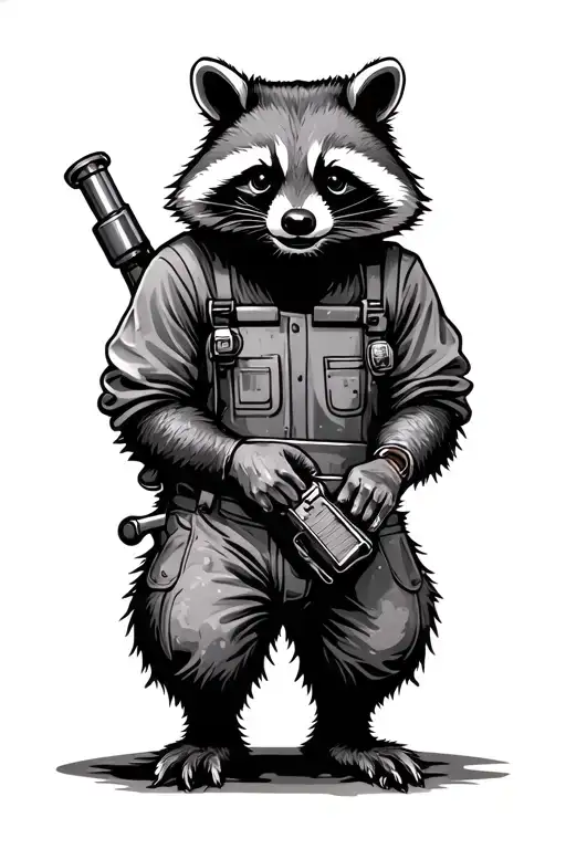 greasy stressed out racoon mechanic working tattoo design idea