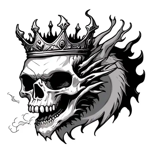 skull with a crown on fire breathing dragon tattoo design idea