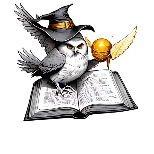 open book with Hedwig, sorting hat and golden snitch tattoo design idea