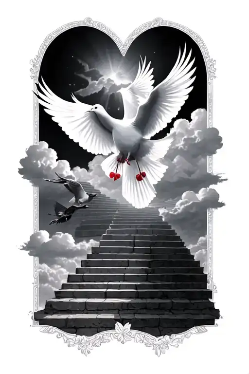 4 doves flying in clouds with steps leading to heaven with 2 dates for each dove  tattoo design idea