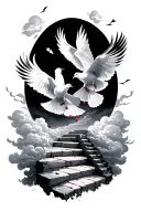 4 doves flying in clouds with steps leading to heaven with 2 dates for each dove  tattoo design idea