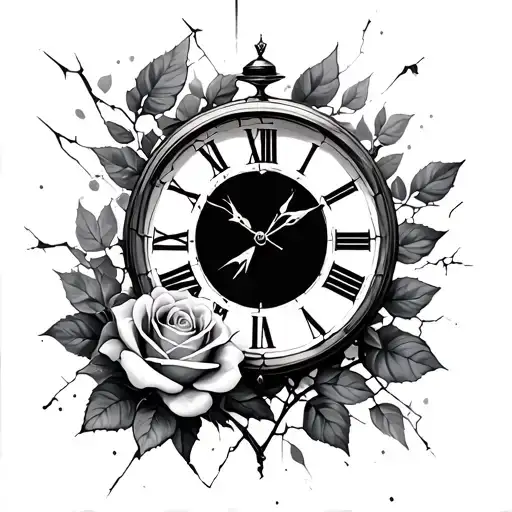 shattered  clock and roses inertwined as one  tattoo design idea