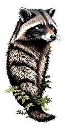 massive forest landscape with Raccoon face side profile emerging from the top tattoo design idea