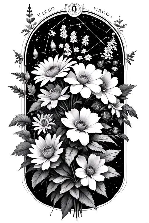 bouquet of asters, morning glories, delphinium, water lillies, surrounded by zodiac constellations for Leo and Virgo  tattoo design idea