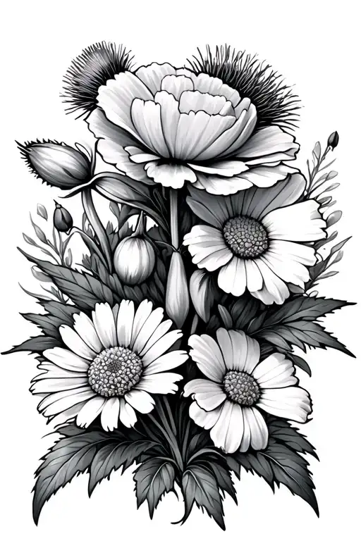 carnation, cosmo flower, daisy, and thistle with two snowdrop flowers tattoo design idea