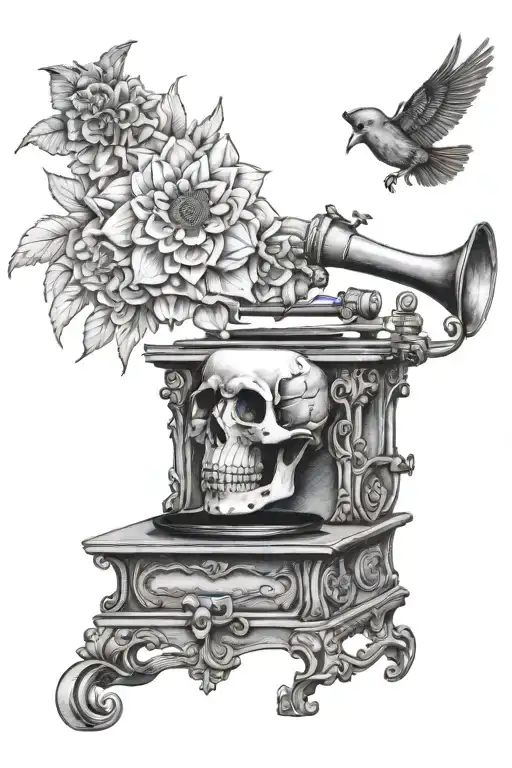 gramophone skull dahlias birds tattoo design idea