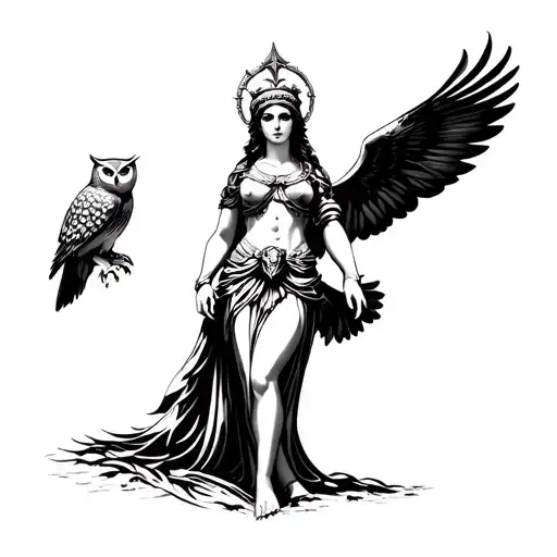 goddess Athena with pet owl flying tattoo design idea