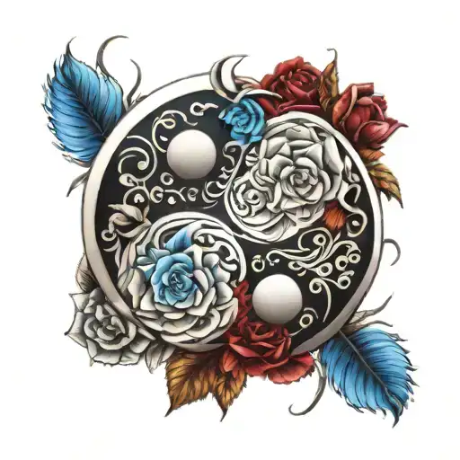 yin yang with blue and red roses tattoo design idea