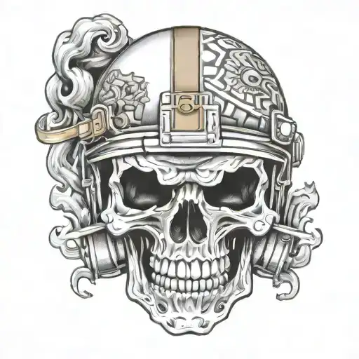 A blackwork tattoo of a skull wearing a New Orleans Saints football helmet, with smoke coming out of its eyes and a joint in its mouth tattoo design idea