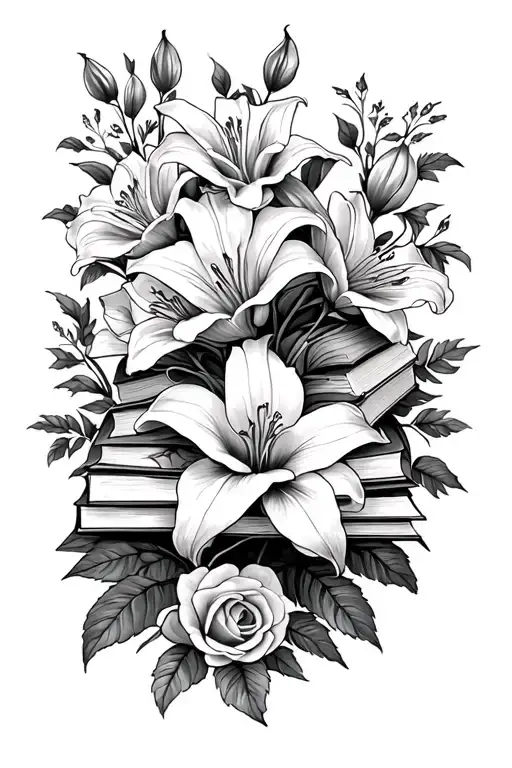 Full sleeve garden with lilies roses books fantasy creatures pet paws tattoo design idea