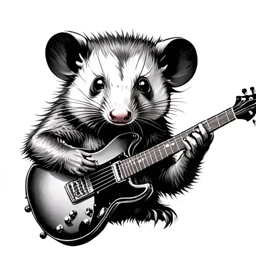 opossum holding electric guitar dot work tattoo design idea