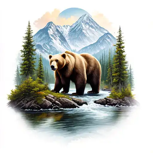 Ground a bear, on the sides of the forest and mountains of the Taiga River tattoo design idea