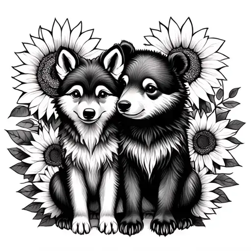  cute baby wolf and bear sitting with sunflowers and roses. black tattoo design idea