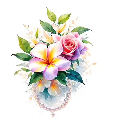 Rose, Orchid, Plumeria flowers wrapped around pearl tattoo design idea