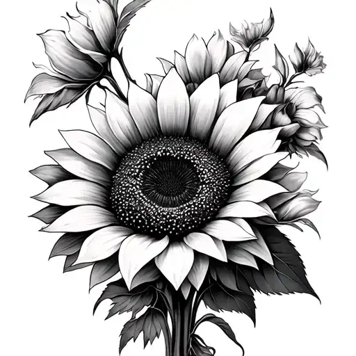 Elegant, realism, sunflower bouquet including canna flower in bouquet tattoo design idea