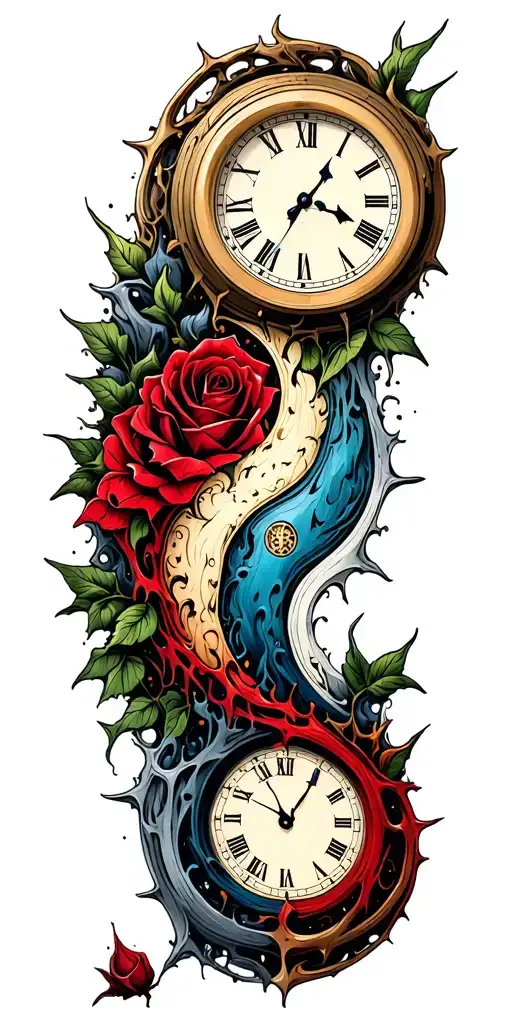 2 melting clocks merging to make on clock, make clocks shaped like the ying-yang symbol, roses and thorns tattoo design idea
