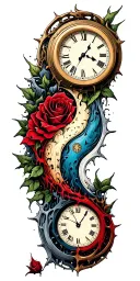 2 melting clocks merging to make on clock, make clocks shaped like the ying-yang symbol, roses and thorns tattoo design idea