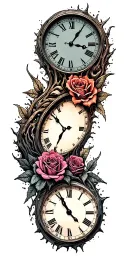 2 melting clocks merging to make on clock, make clocks shaped like the ying-yang symbol, roses and thorns tattoo design idea