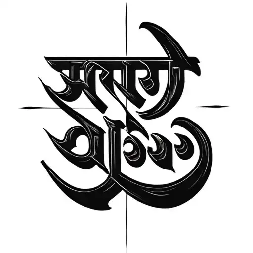 A modern Sanskrit tattoo design of the words ‘karma, duty, anger’ written in stylized Devanagari calligraphy blended w tattoo design idea