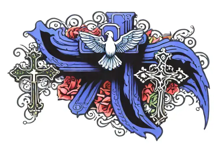 Christian cross Tatoo design combining with rosary and dove  tattoo design idea