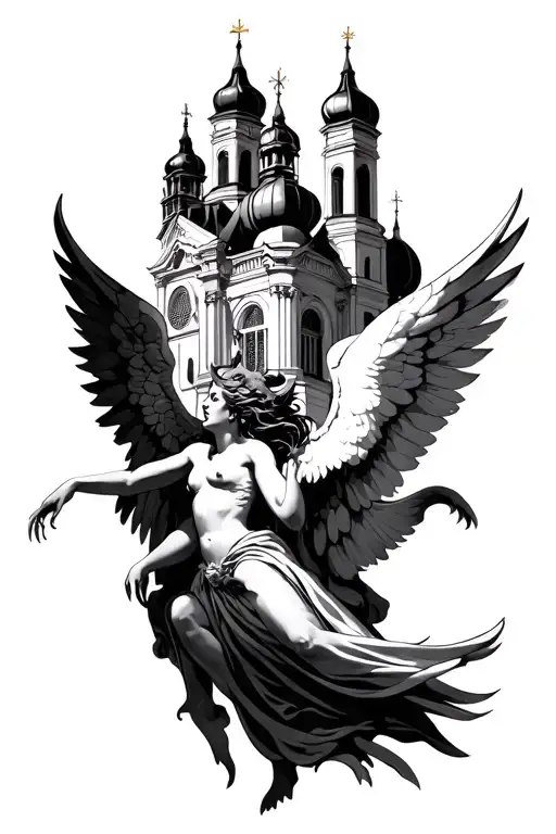 The devil kills an angel with domes of church tattoo design idea