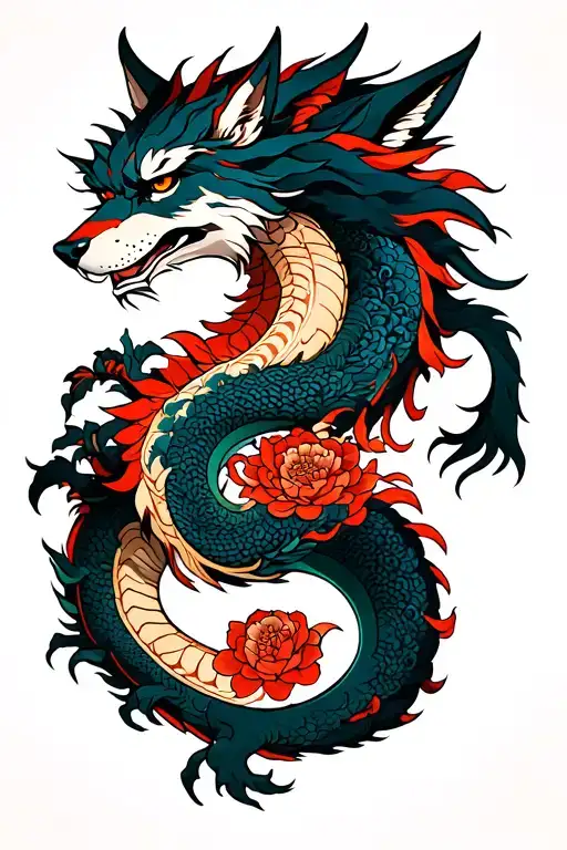 wolf and dragon intertwined tattoo design idea