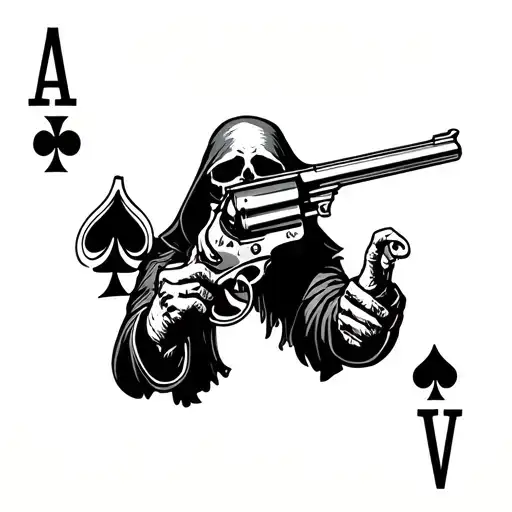 pair of ace of spades playing cards. grim reaper holding a six shooter revolver in the card. tattoo design idea