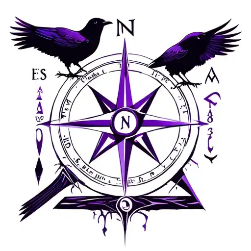 purple, black, compass, elements incorporated, pentacle, wiccan, crows tattoo design idea