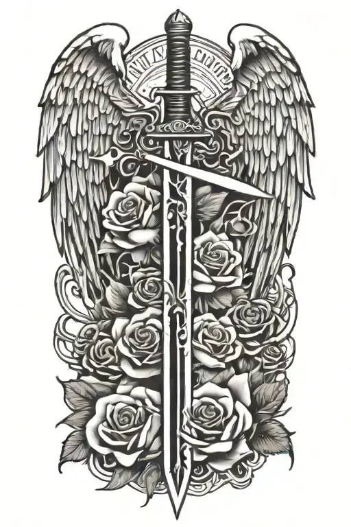 angel wings behind sword, roses tattoo design idea