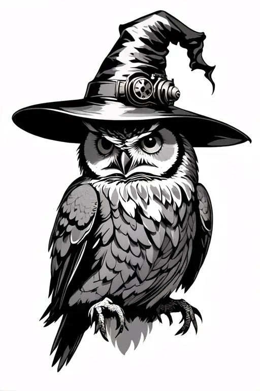 steampunk owl wizard hat tattoo design idea
