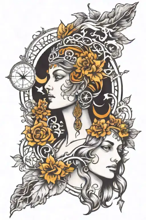 match the following images goddess of justice, guide head, compass and family tree tattoo design idea