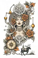 match the following images goddess of justice, guide head, compass and family tree tattoo design idea